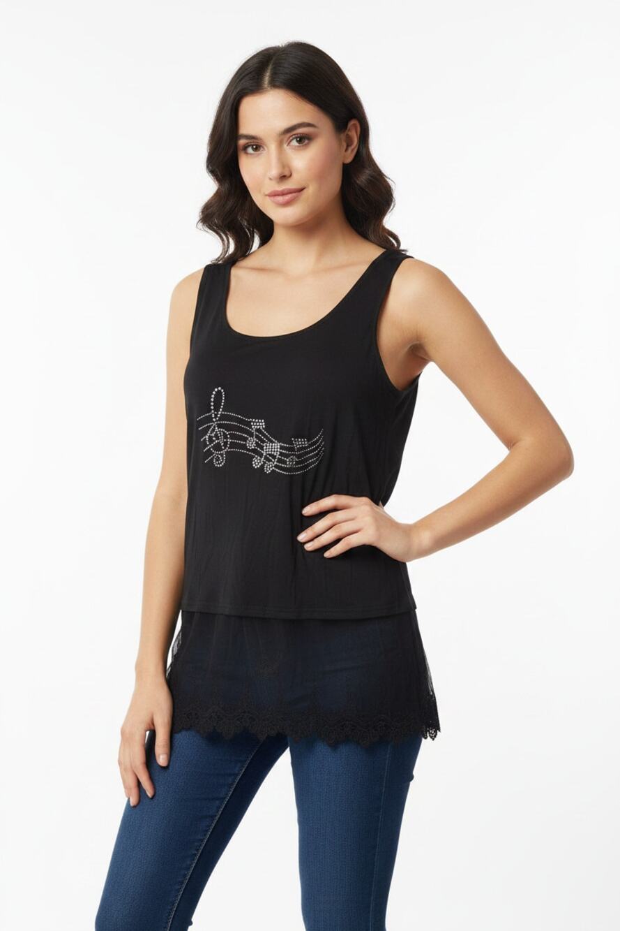 Origami Crystal Embellished Black Lace Tank Small
